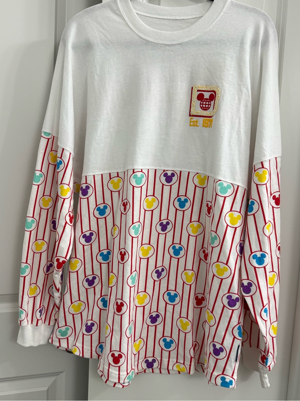 Walt Disney World Popcorn Scented Spirit Jersey Adult L Pinstripes Mickey Cotton